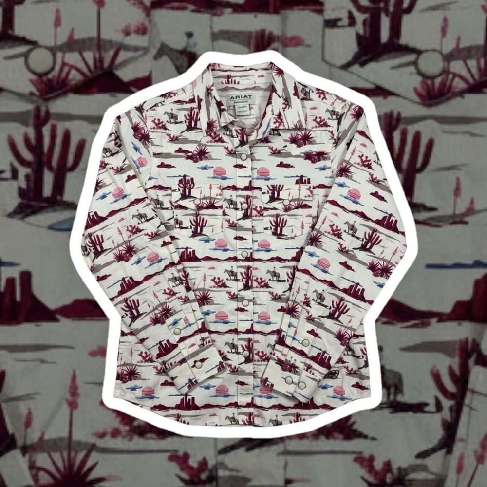 Ariat Yuma Kids L Long Sleeve Pearl Snap Western Desert Cactus Print Shirt White